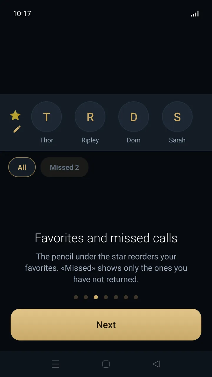 A row of favorite contacts above the call list, with All and Missed filters.