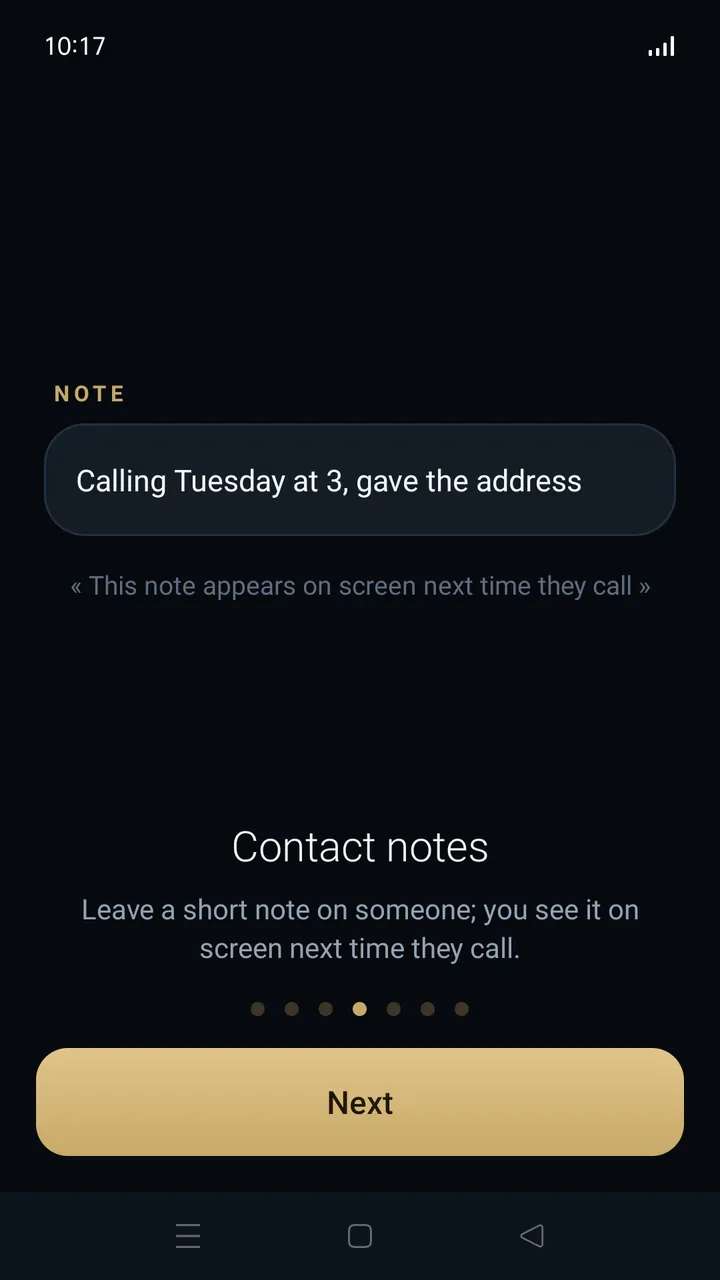 A contact note that reads: Calling Tuesday at 3, gave the address.