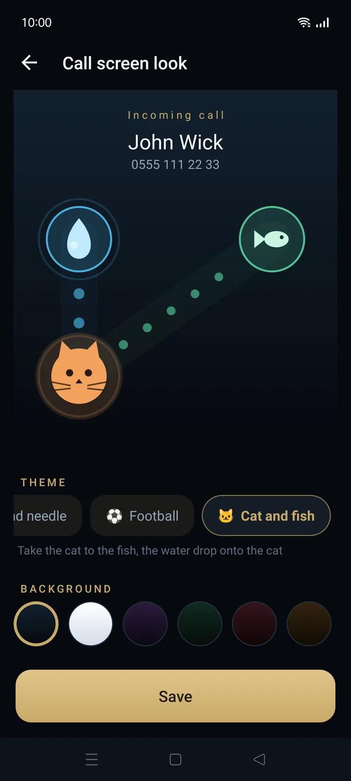 Cat and fish theme: a cat, a fish and a water drop.